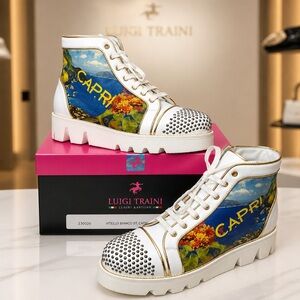 Luigi Traini White High-Top Booties with Capri Floral Graphic and Studded Toes